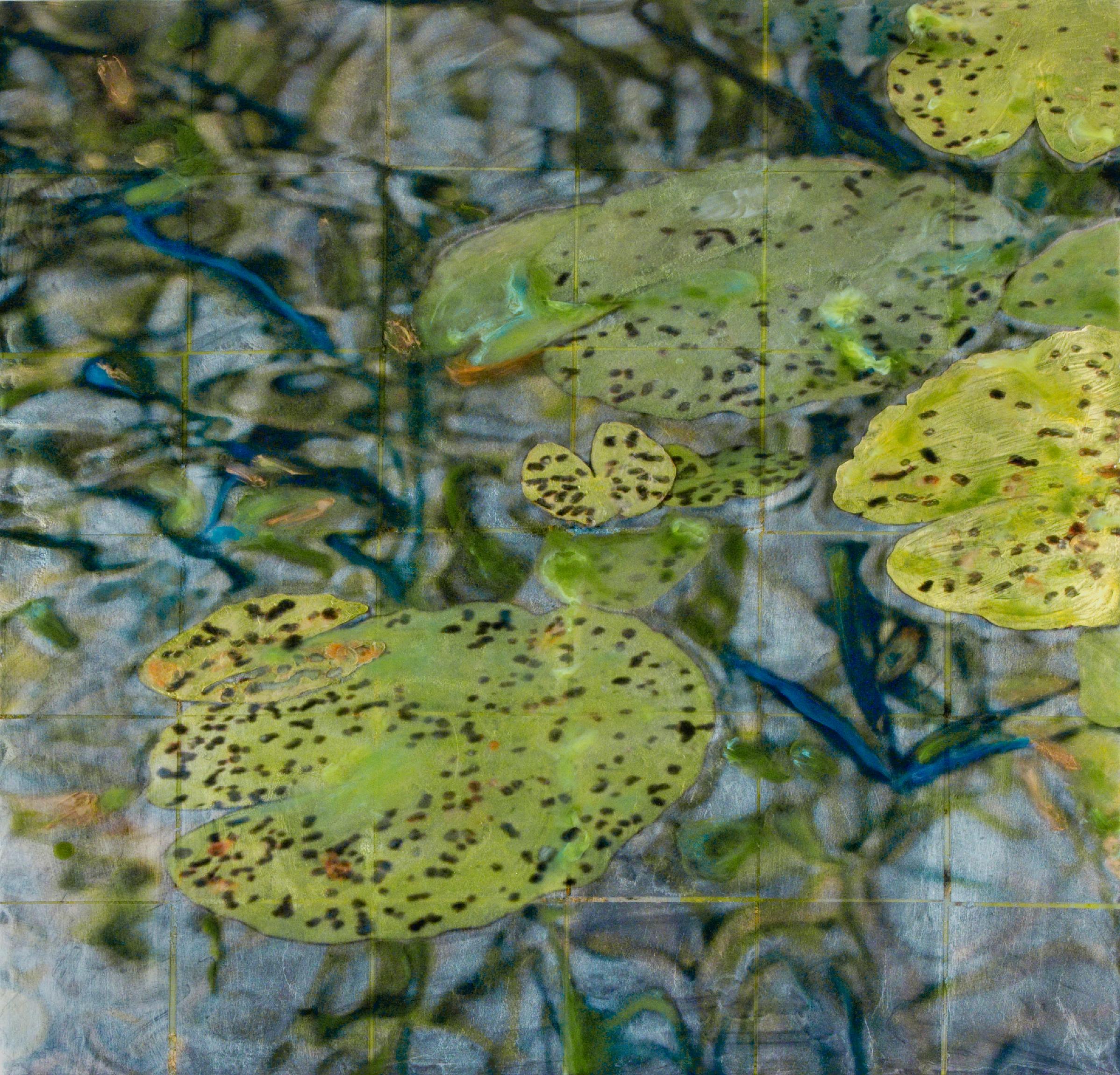 Susan Goldsmith Still-Life Painting - REFLECTINGS - Water lily / Resin / Watercolors / Mixed Media / Glass