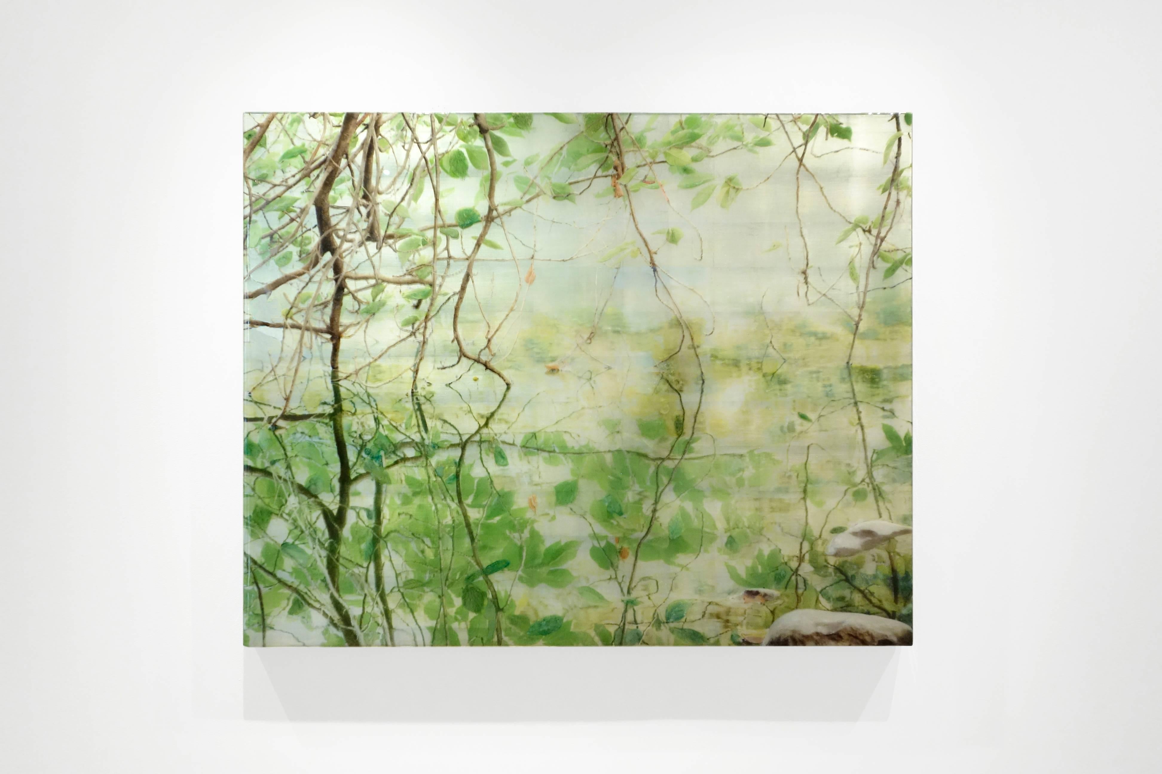 THE RAMBLE FISSURE, ED. 2/3, plants, brown, green, pink, white background - Contemporary Mixed Media Art by Susan Goldsmith