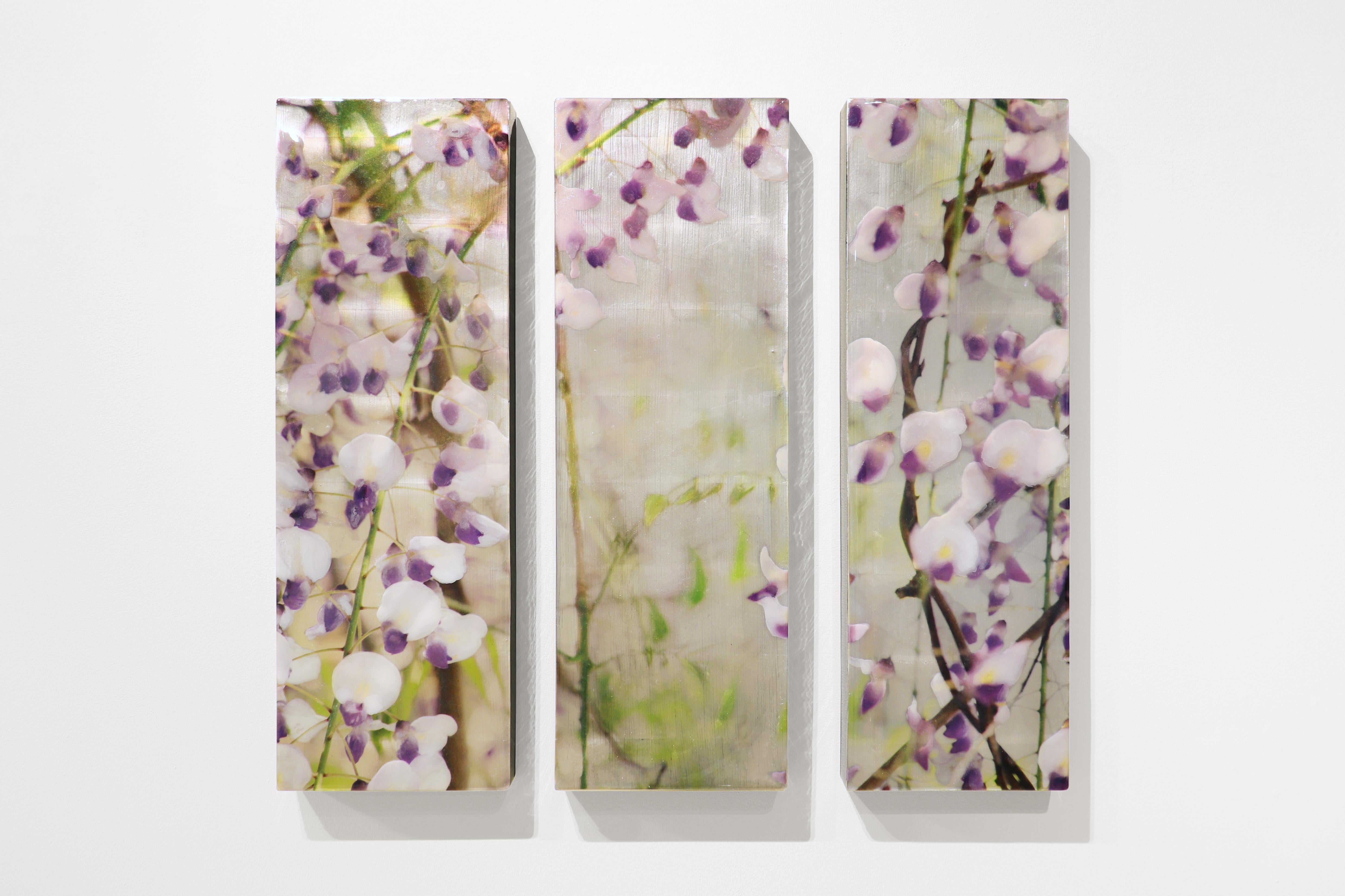 LAVENDER LULLABY (TRIPTYCH), Floral Mixed Media artwork, Purple Wisteria Vines - Painting by Susan Goldsmith