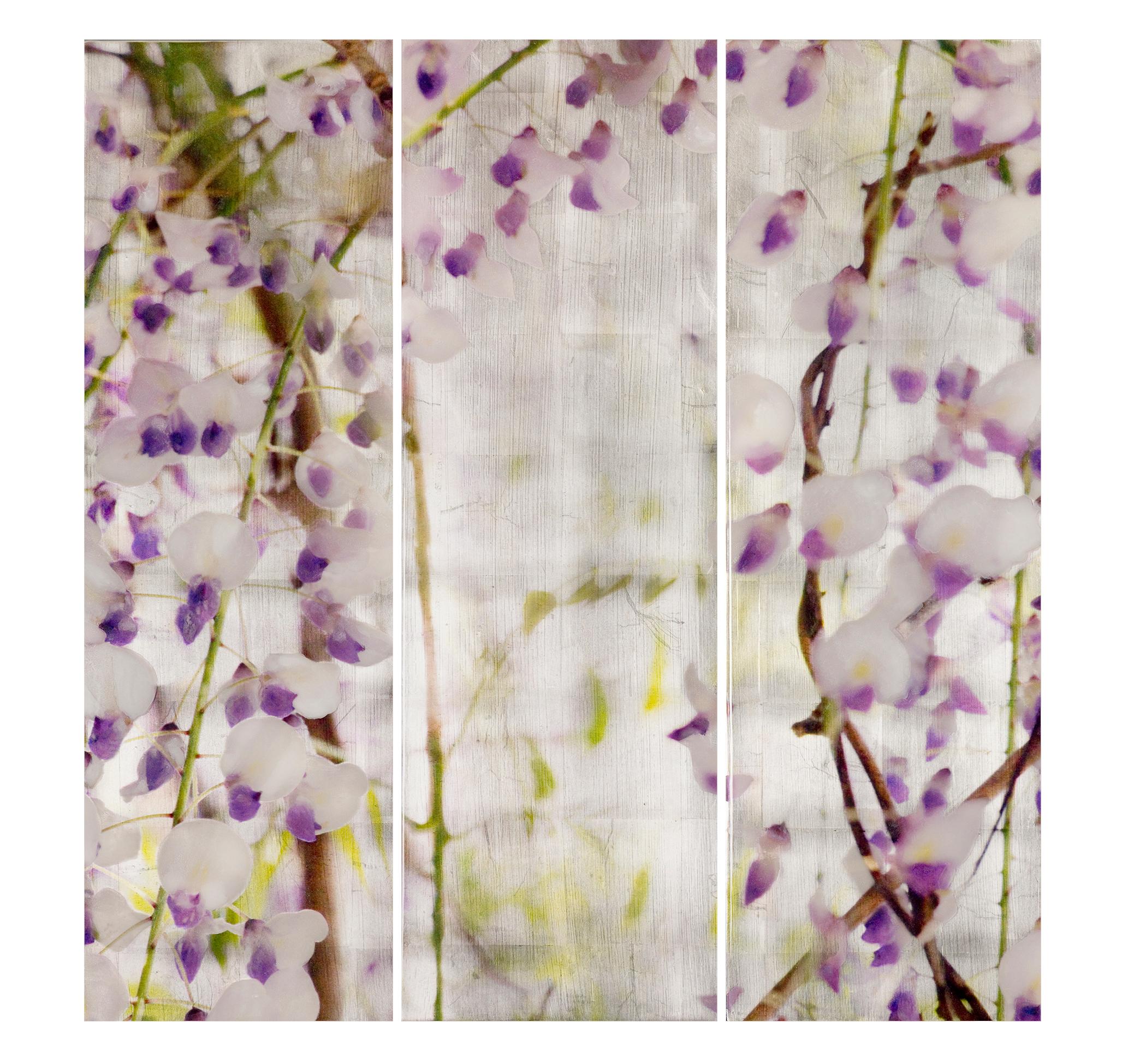 Susan Goldsmith Figurative Painting - LAVENDER LULLABY (TRIPTYCH), Floral Mixed Media artwork, Purple Wisteria Vines