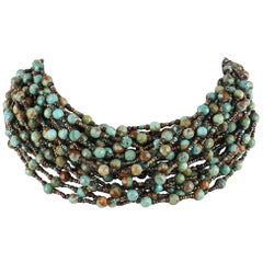 SUSAN GREEN “Lea” Turquoise Metallic Multi-Strand Beaded Artwear Choker Necklace
