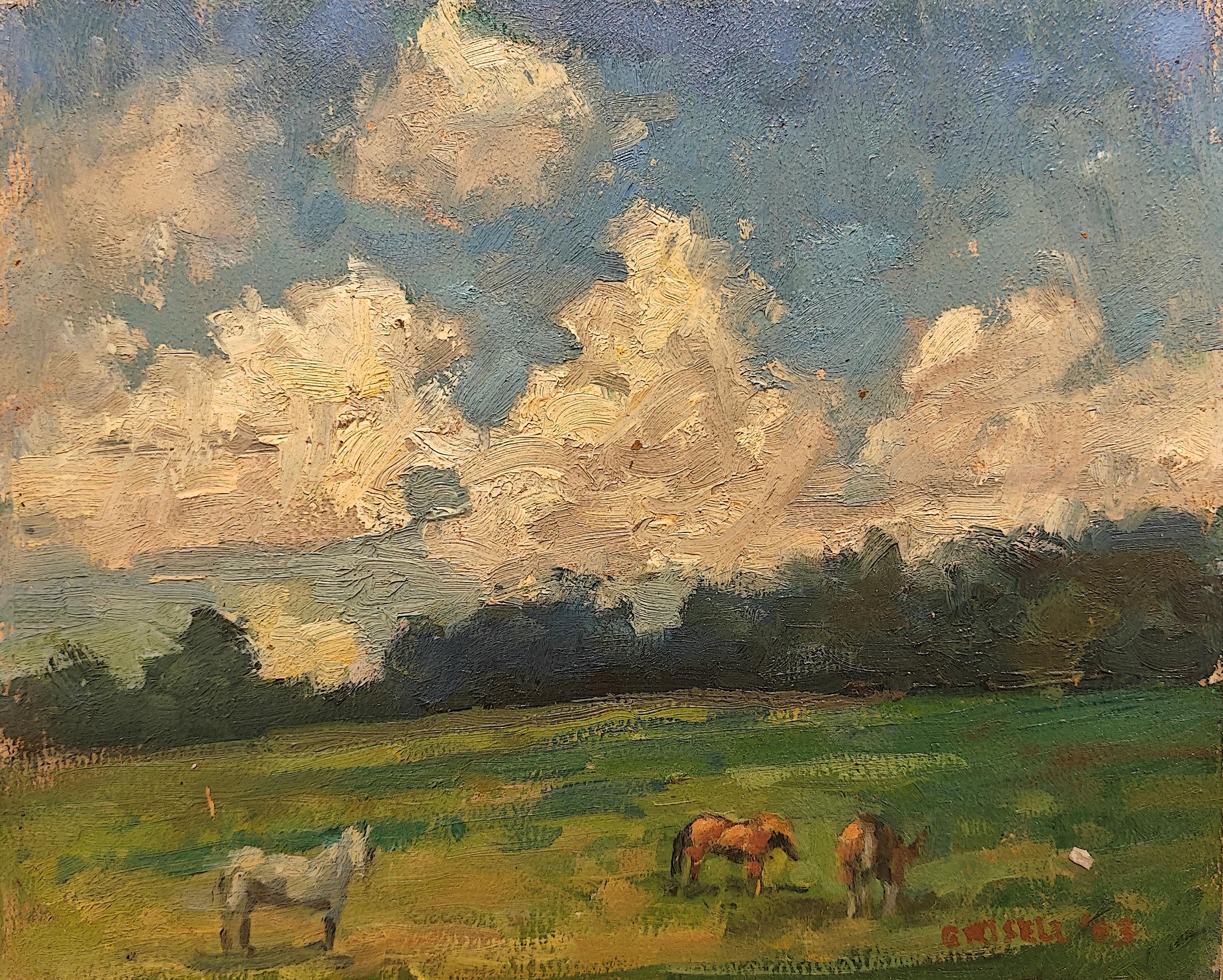 "Connecticut Hills" Susan Grisell, Impressionist Landscape, Horses in Field, Sun