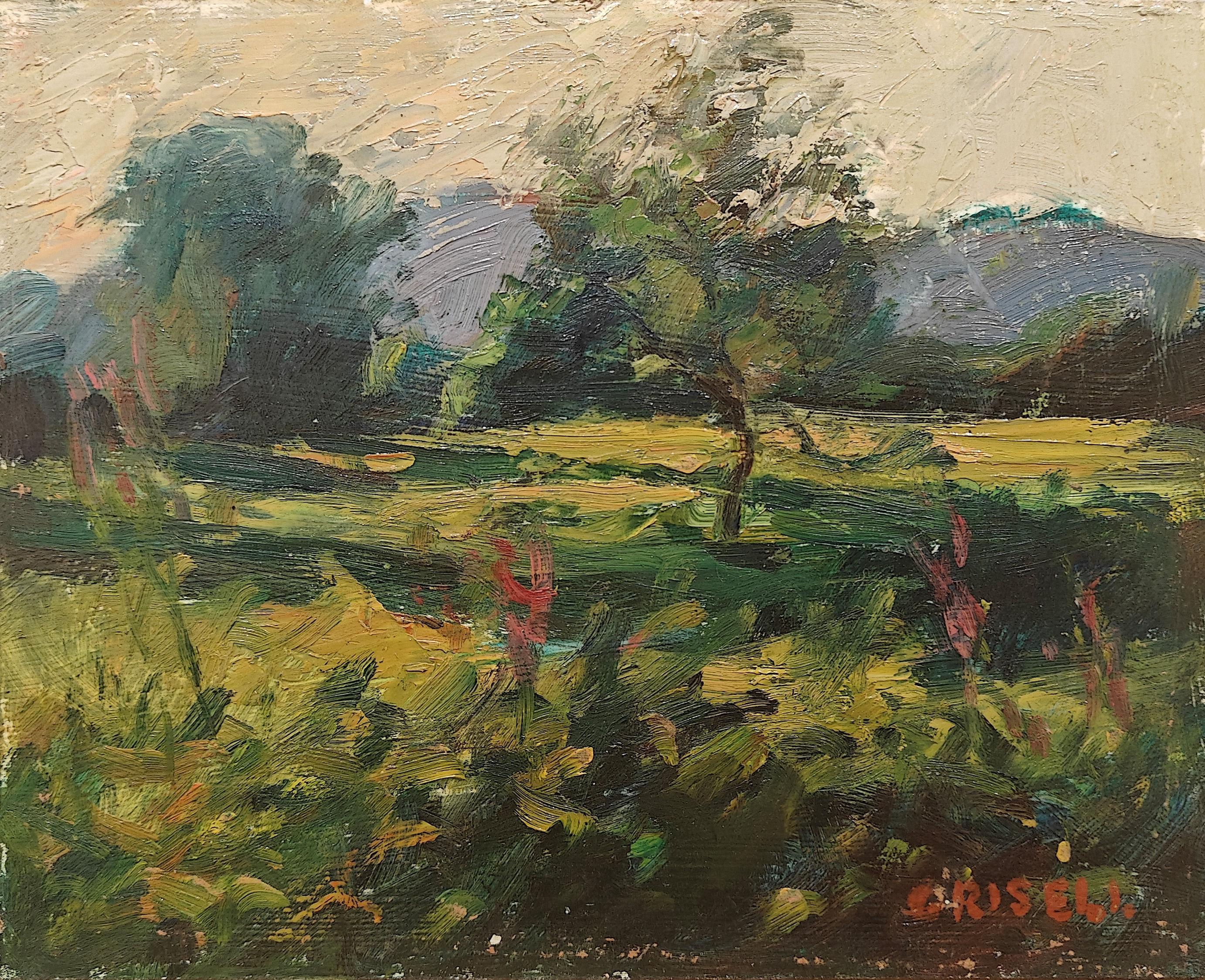 "Connecticut Hills" Susan Grisell, Sunny Impressionist Green Field, Skyscape