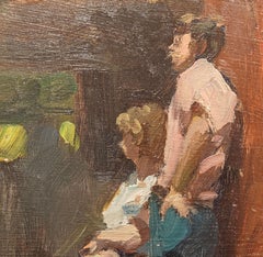 "Waiting" Susan Grisell, American Impressionist, Standing Figures, Maroon