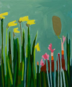 „Daffodils“ – farbenfrohes abstraktes Gemälde, botanisch, grün, rosa, flower
