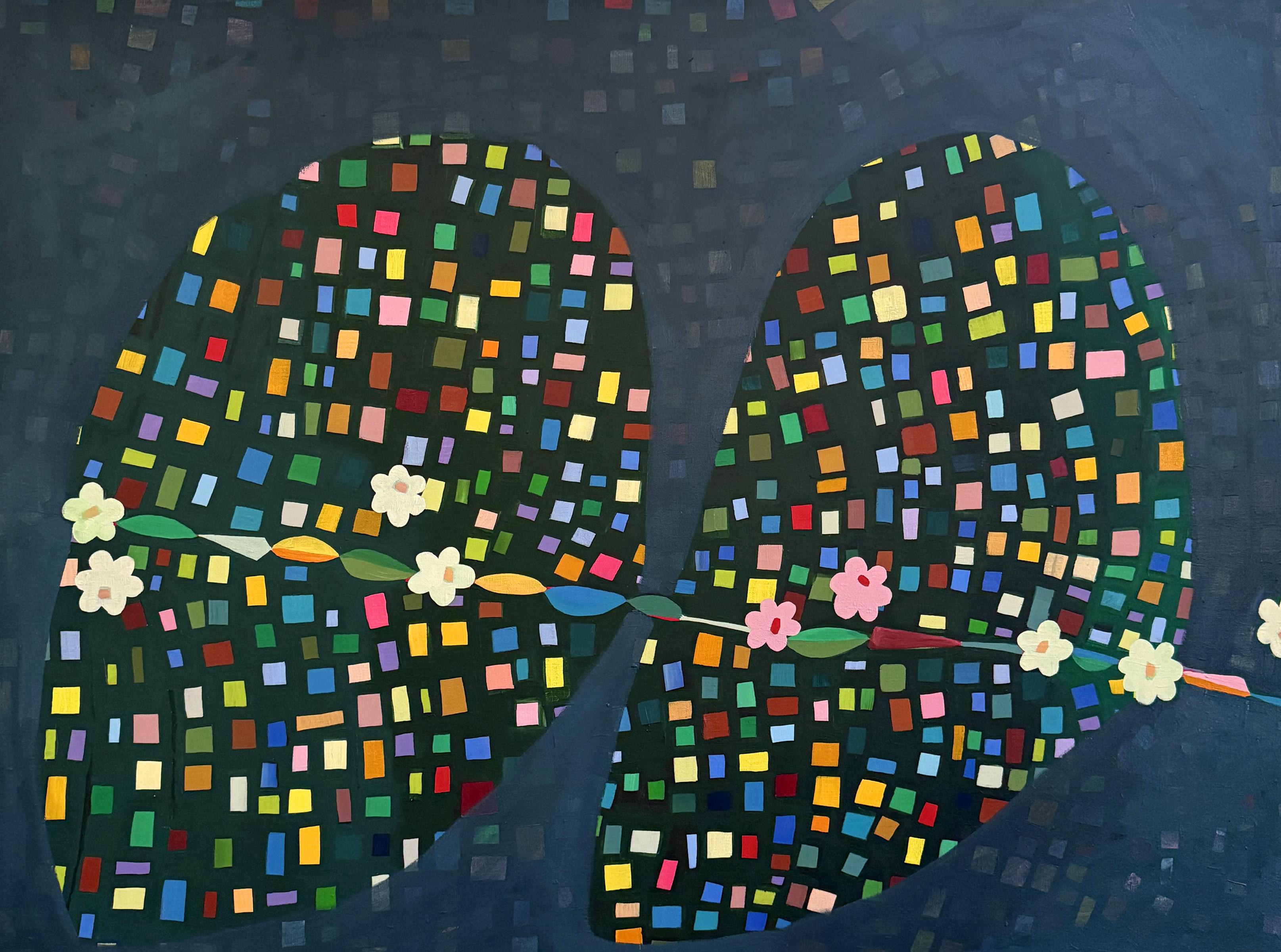 "Daisy Chain" - azul, abstracto, caprichoso, estampado, botánico