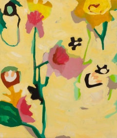 "Rosa inglese" - dipinto astratto colorato, botanico, giallo, rosa, fiore