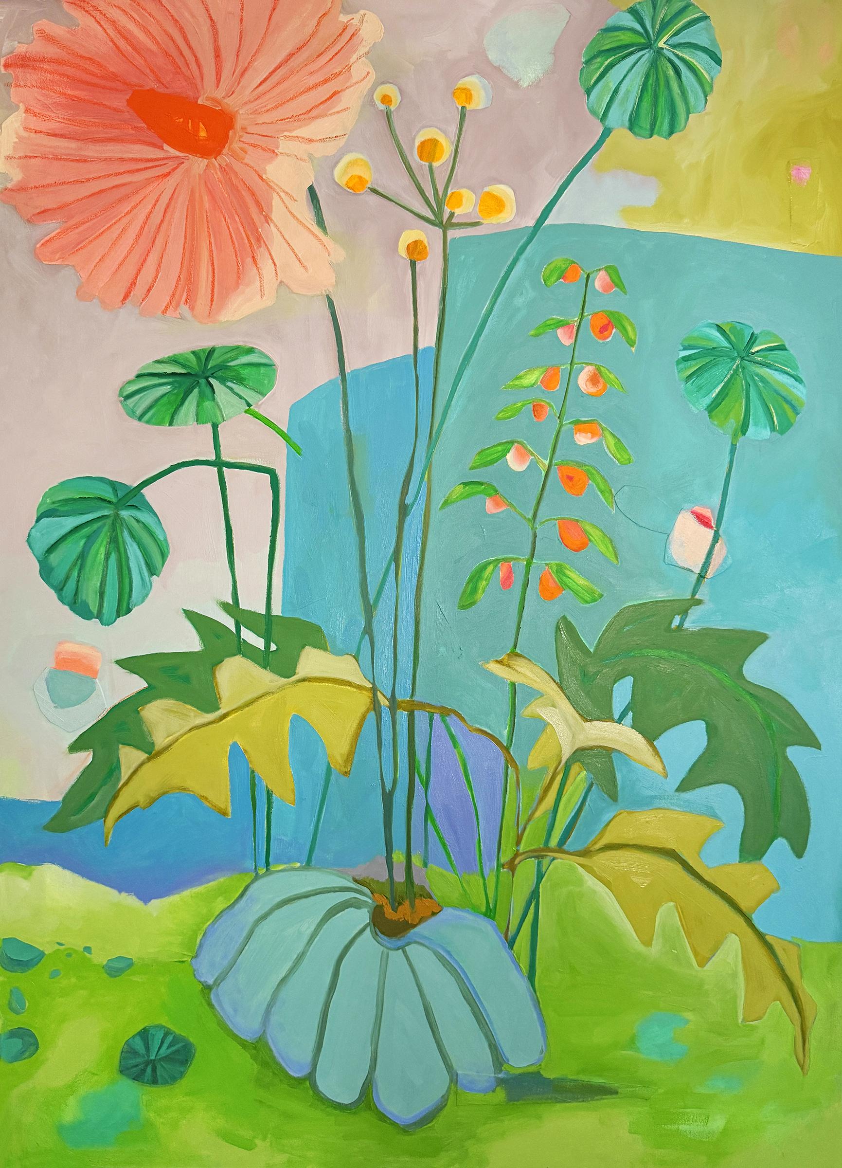 "Floppy Poppy" - pink, green, abstract, botanical, landscape
