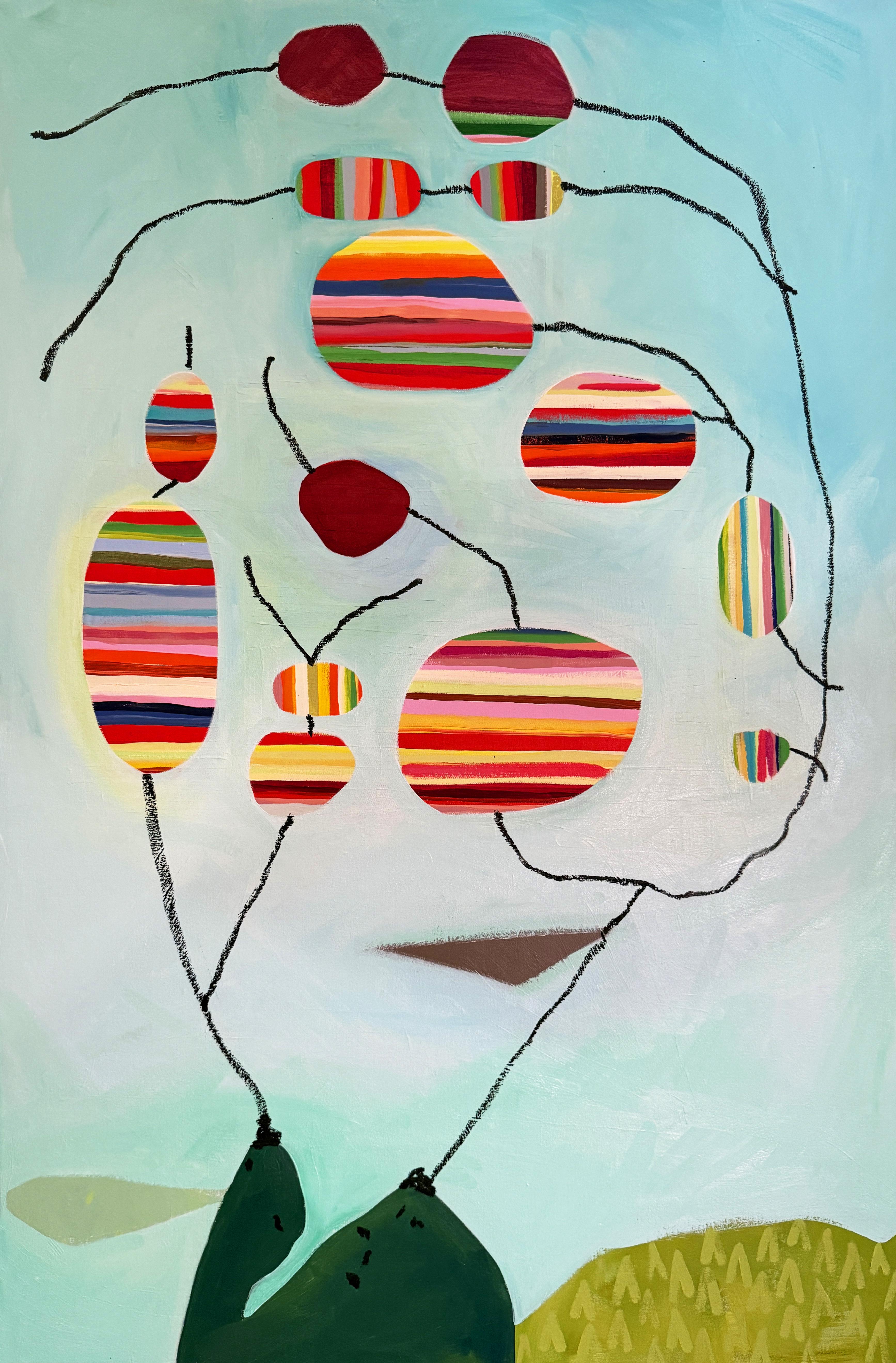 Susan Hable Abstract Painting - "I Fertilized This Year" - blue, abstract, pattern, stripes, botanical