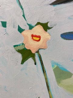 "Ikebana" - abstract botanical, whimsical, grey, blue, red, pattern