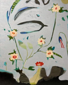 "Ikebana" - abstract botanical, whimsical, grey, blue, red, pattern