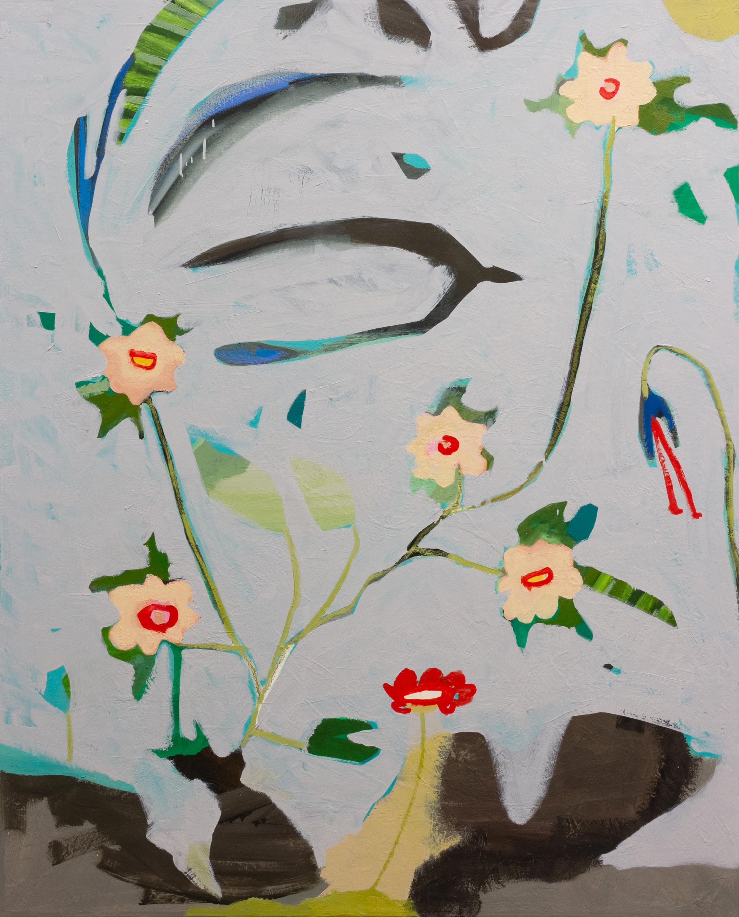 Susan Hable Abstract Painting - "Ikebana" colorful abstract painting, botanical, grey, flower, painterly