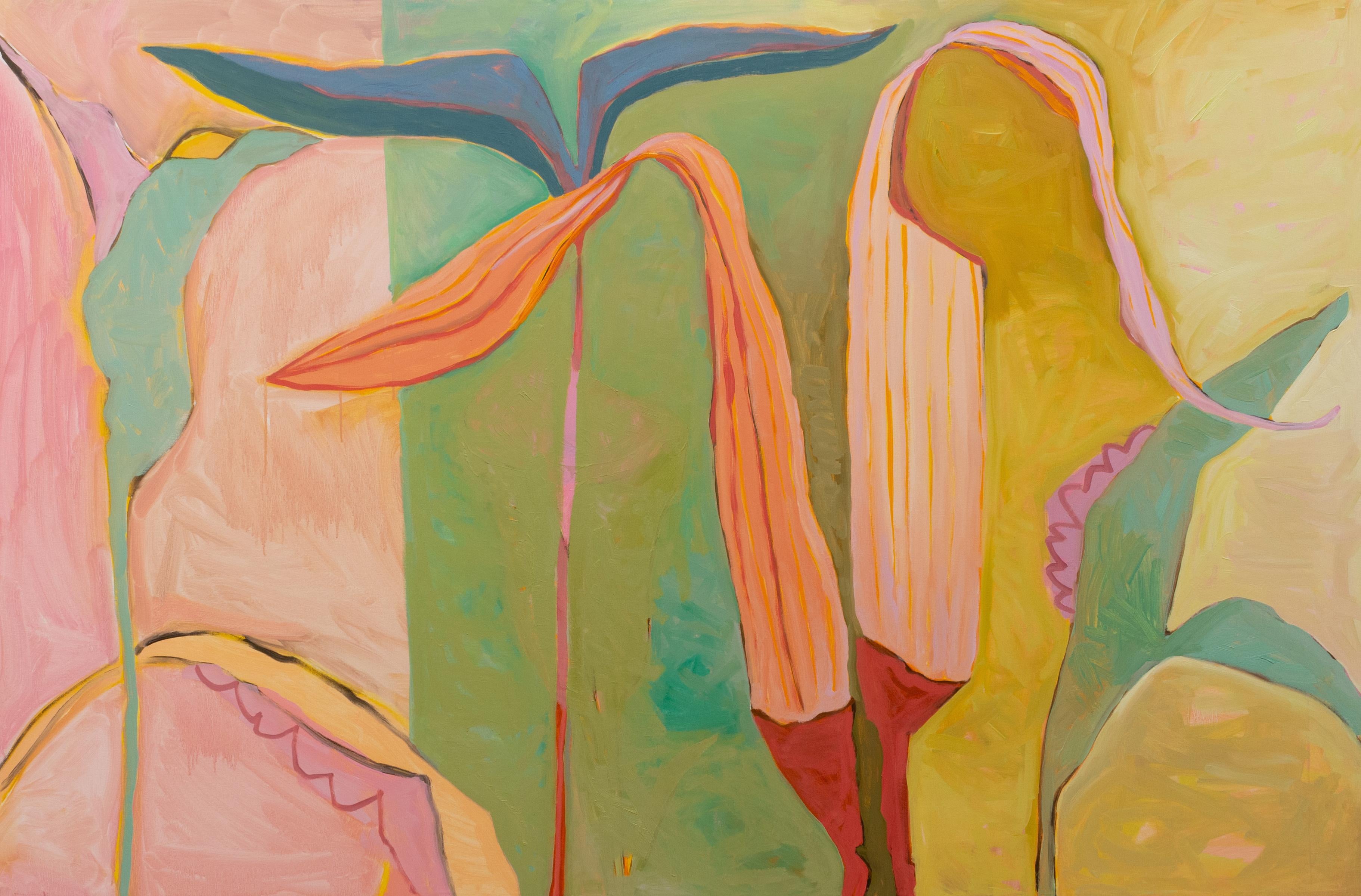 Abstract Painting di Susan Hable - "Jack" - dipinto astratto colorato, botanico, rosa, verde, fauvista, stravagante