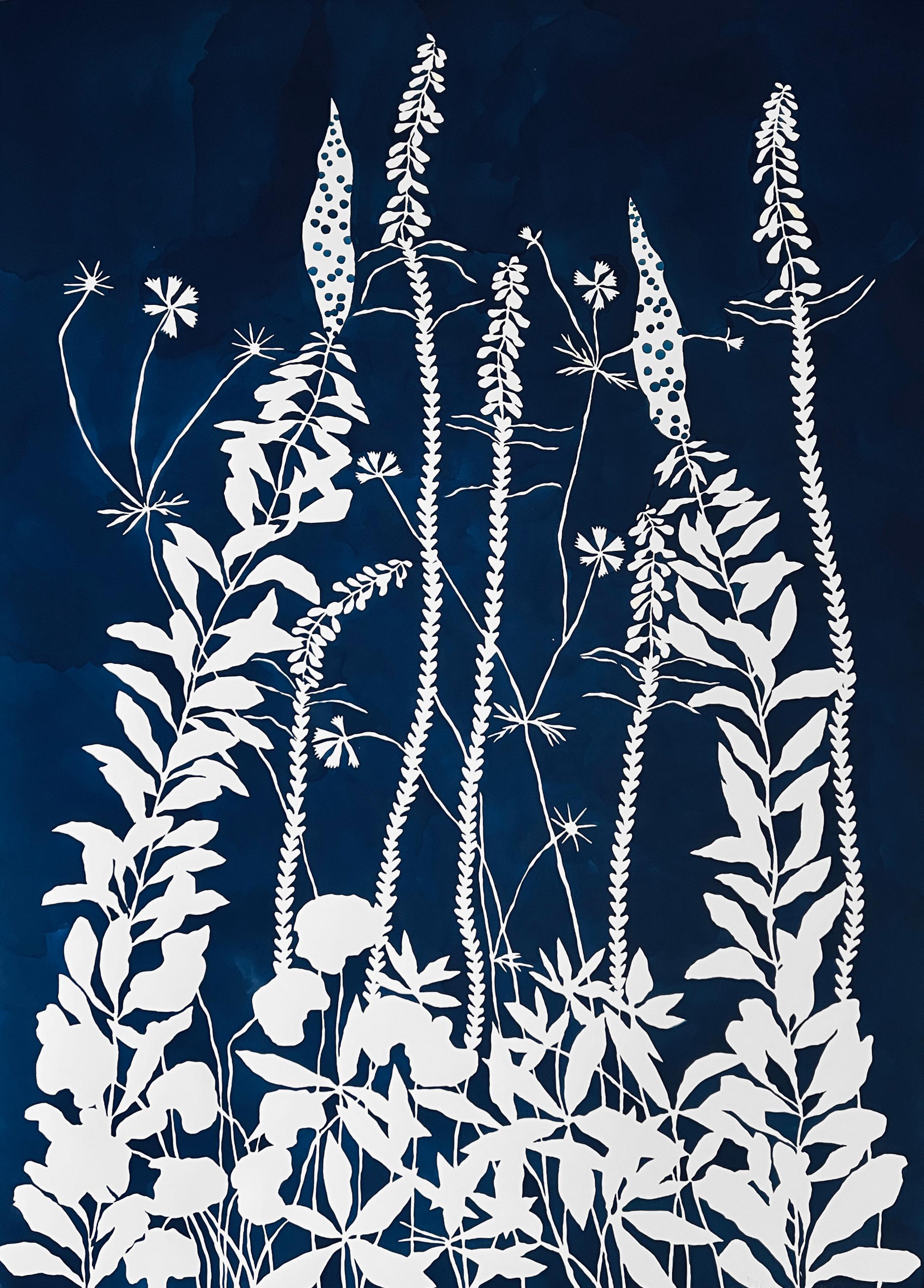 Abstract Painting Susan Hable - « Lapis Wildness », graphique, botanique, bicolore, bleu foncé, fleurs