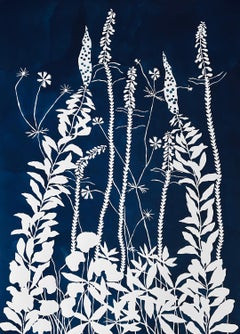 "Lapis Wildness" - graphic, botanical, two-color, dark blue, flowers