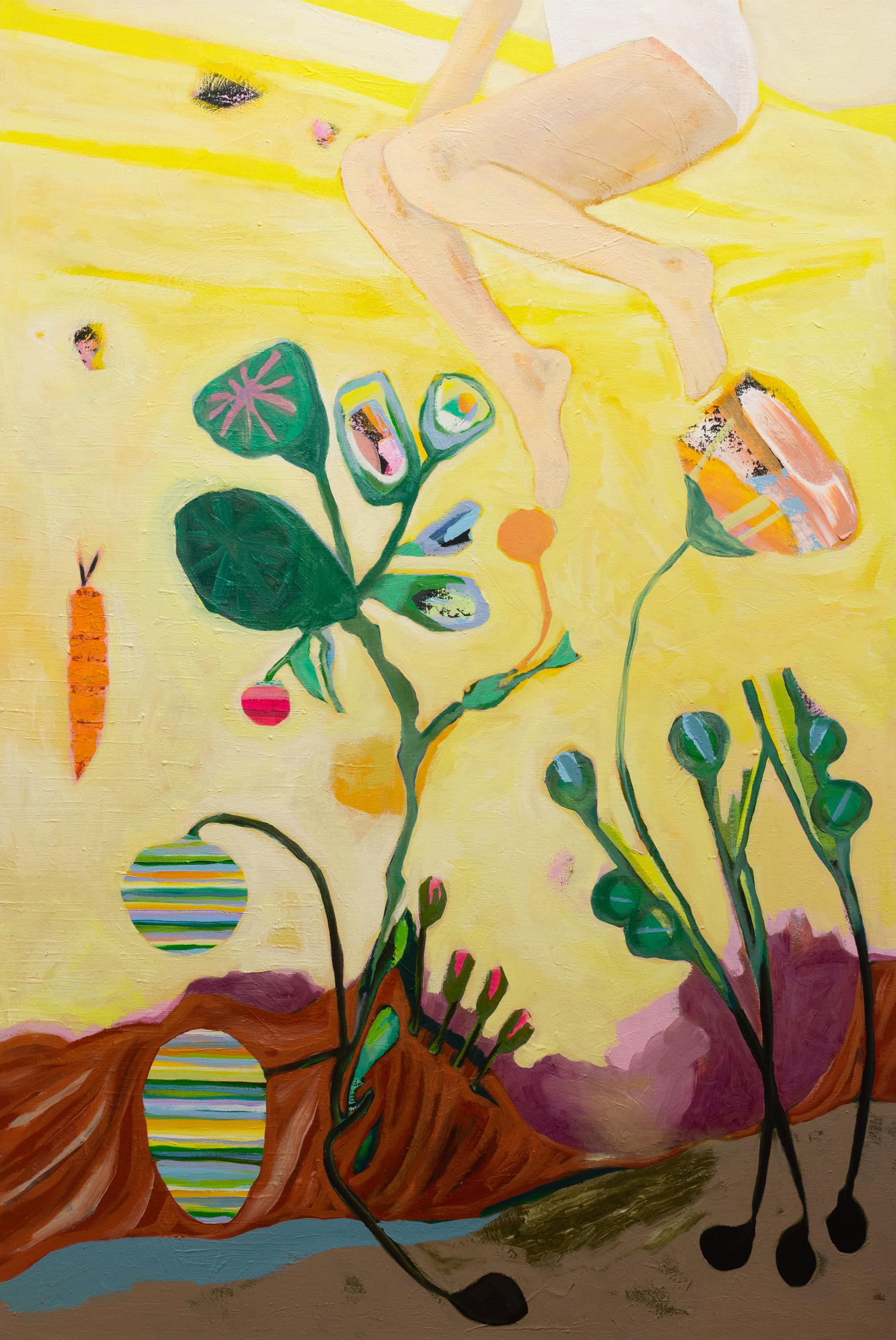 Abstract Painting di Susan Hable - "Rana che salta" dipinto astratto colorato, botanico, grigio, fiore, pittorico