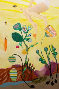 "Leap Frog" colorful abstract painting, botanical, grey, flower, painterly