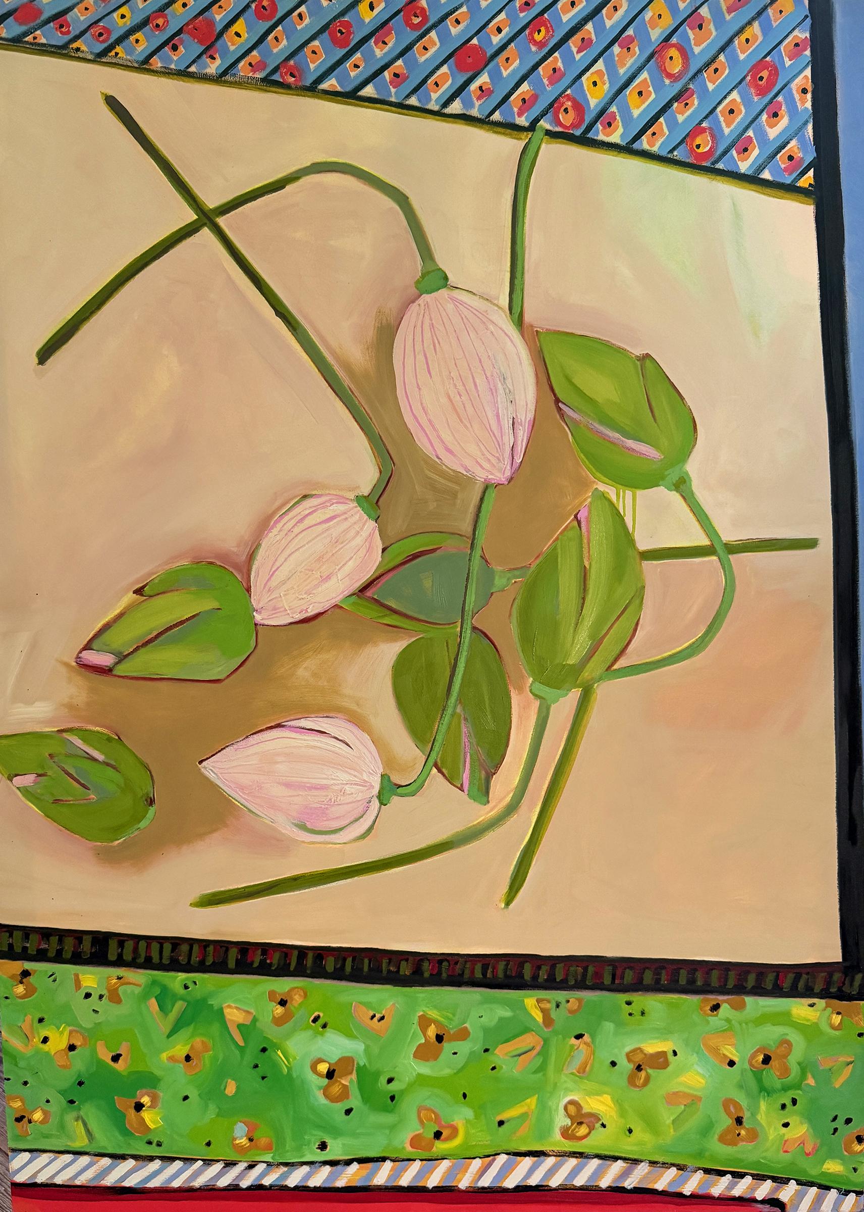 Susan Hable Abstract Painting - "Lotus at the Market" - pink, abstract, pattern, botanical