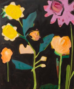 "Jardín nocturno" pintura abstracta colorida, botánica, oscura, flor, pictórica