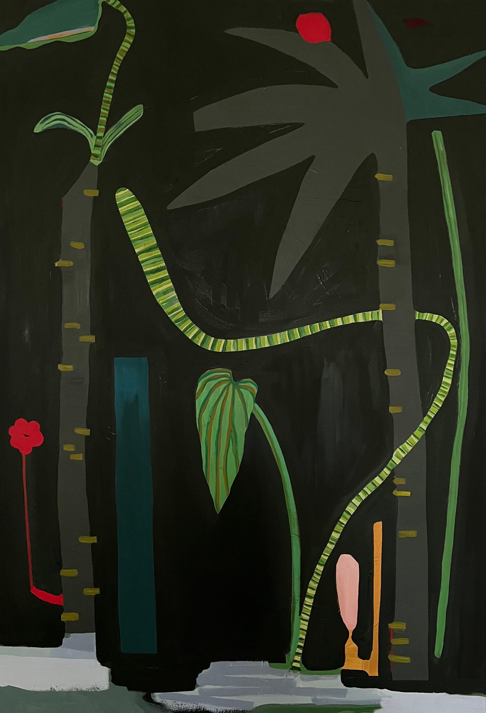 Susan Hable Abstract Painting - "Nightfall" - colorful abstract painting - botanical