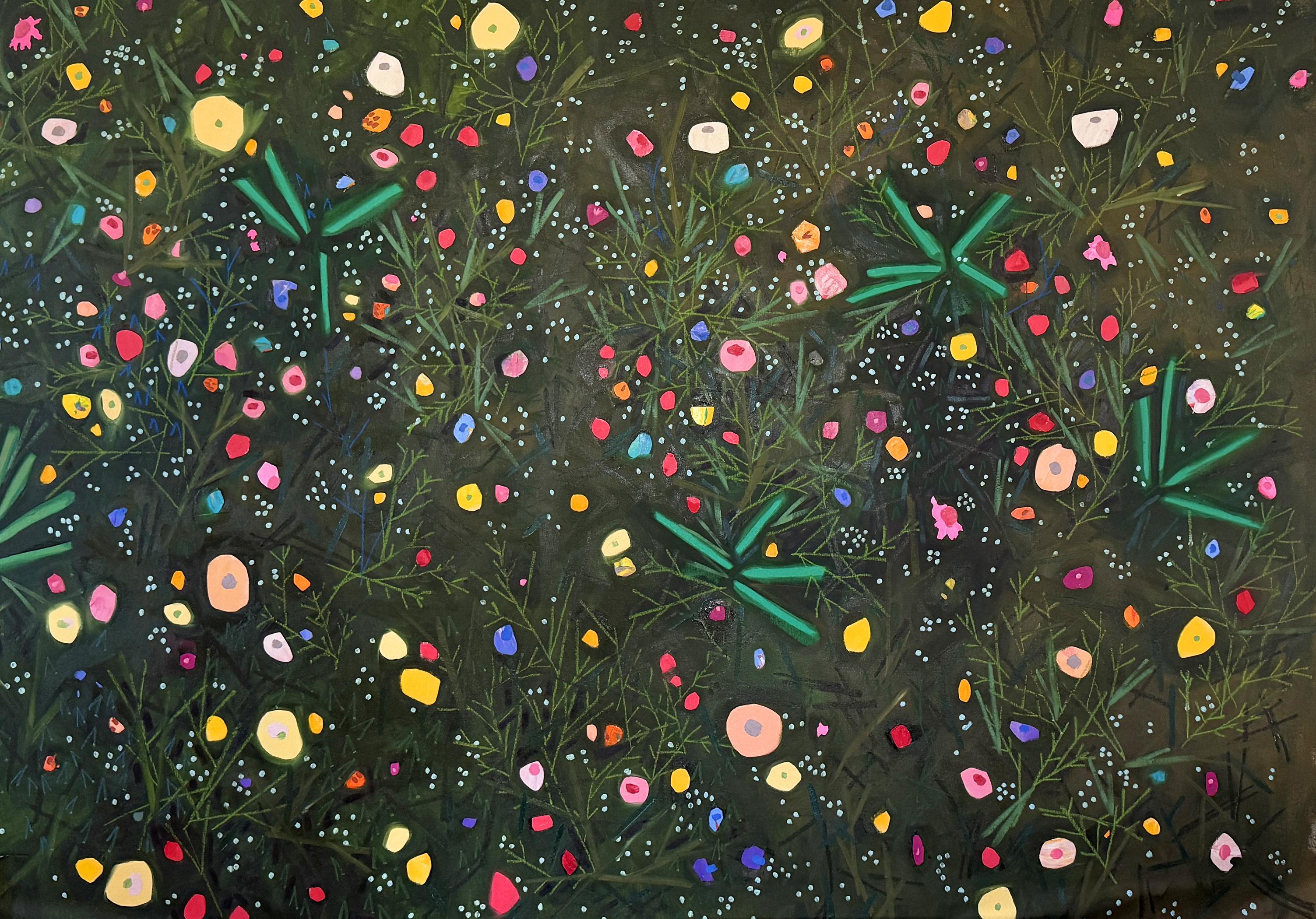 Susan Hable Abstract Painting - "Soft Landing" - black and green, abstract, pattern, botanical
