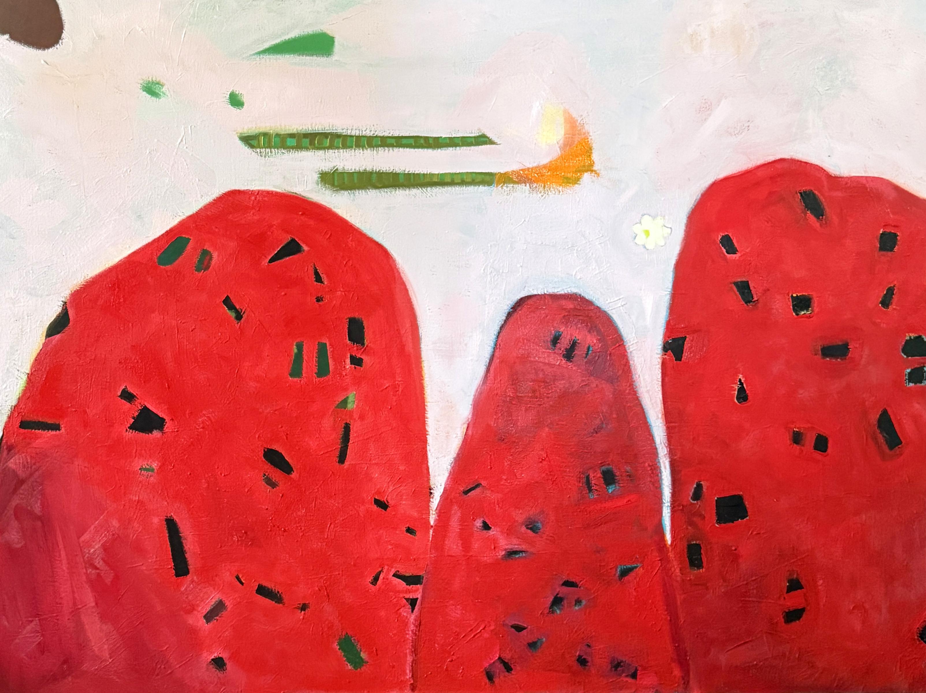 Susan Hable Abstract Painting - "Strawberry Hill" - red and pink, abstract, pattern, landscape