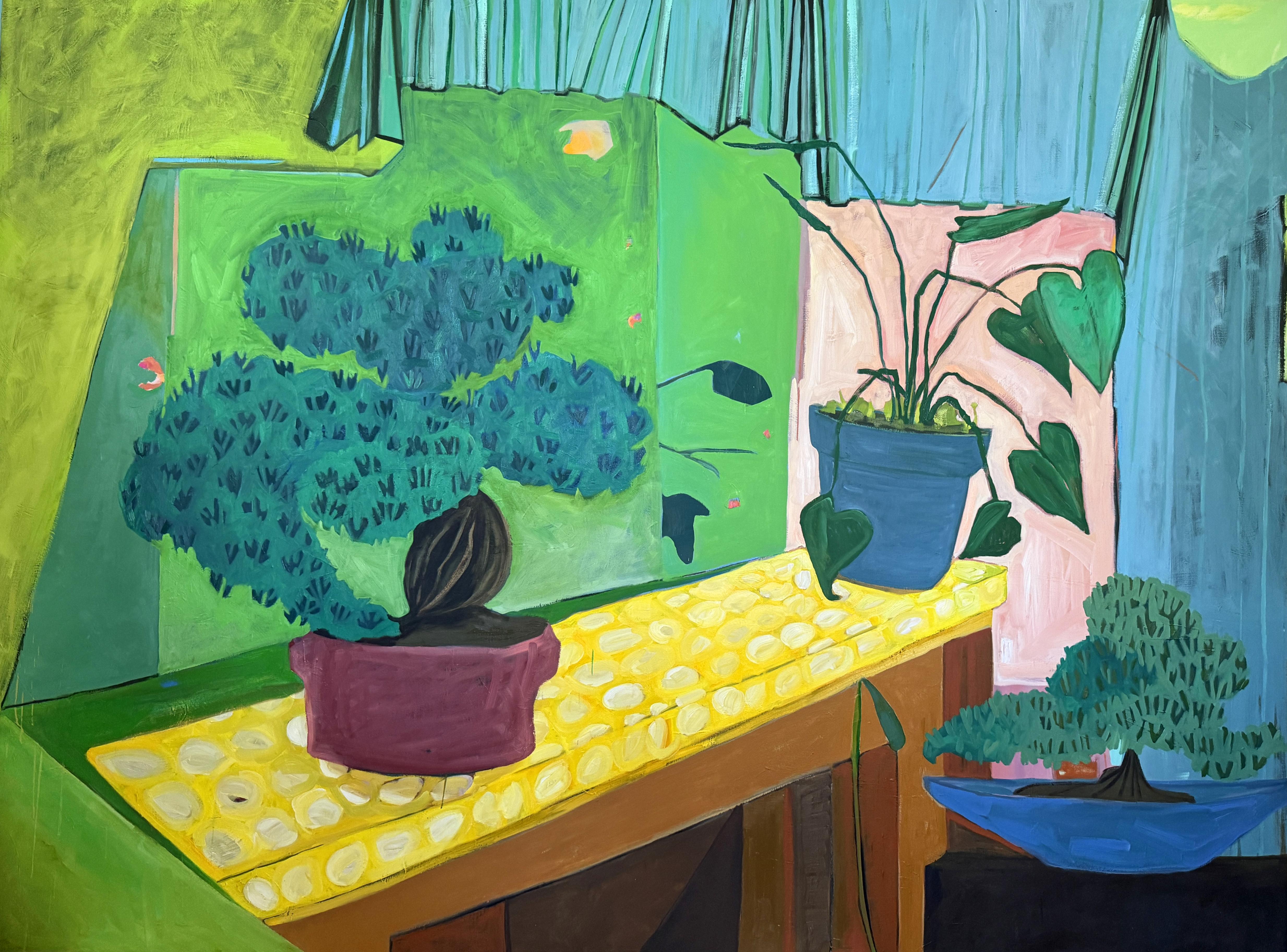 Susan Hable Landscape Painting – "Das Kinderzimmer" - grün, gelb, blau, Interieur, abstrakt, Muster, botanisch