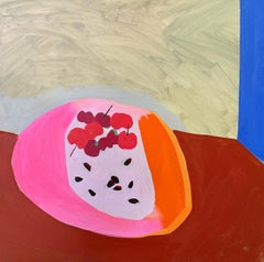 "The Pits" - pink, orange, still life, color block, abstract, pattern, cherry