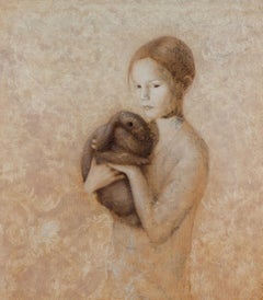COMPANION - contemporary painting of girl with rabbit or bunny on floral pattern