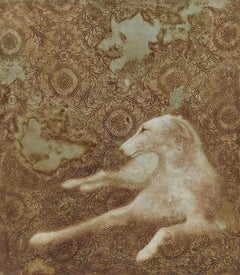 DEVOTION - naturalistic or realistic painting of dog with floral pattern