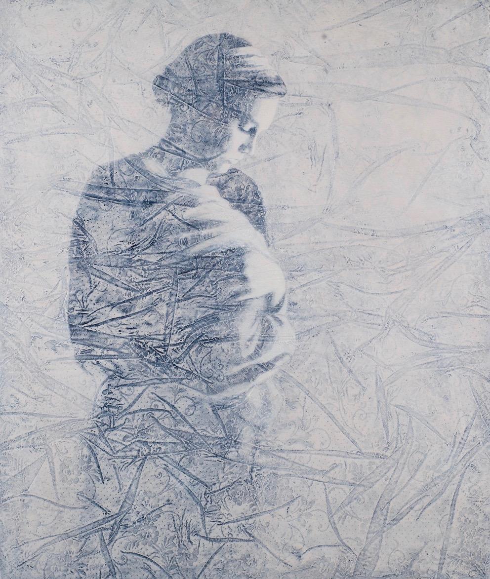 Susan Hall Figurative Painting - ADORATION - contemplative gray and blue painting of young woman holding child