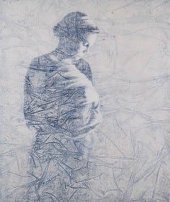 ADORATION - contemplative gray and blue painting of young woman holding child