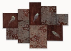 ILLUMINATION - realist painting of birds with flowers on quilted wood panels