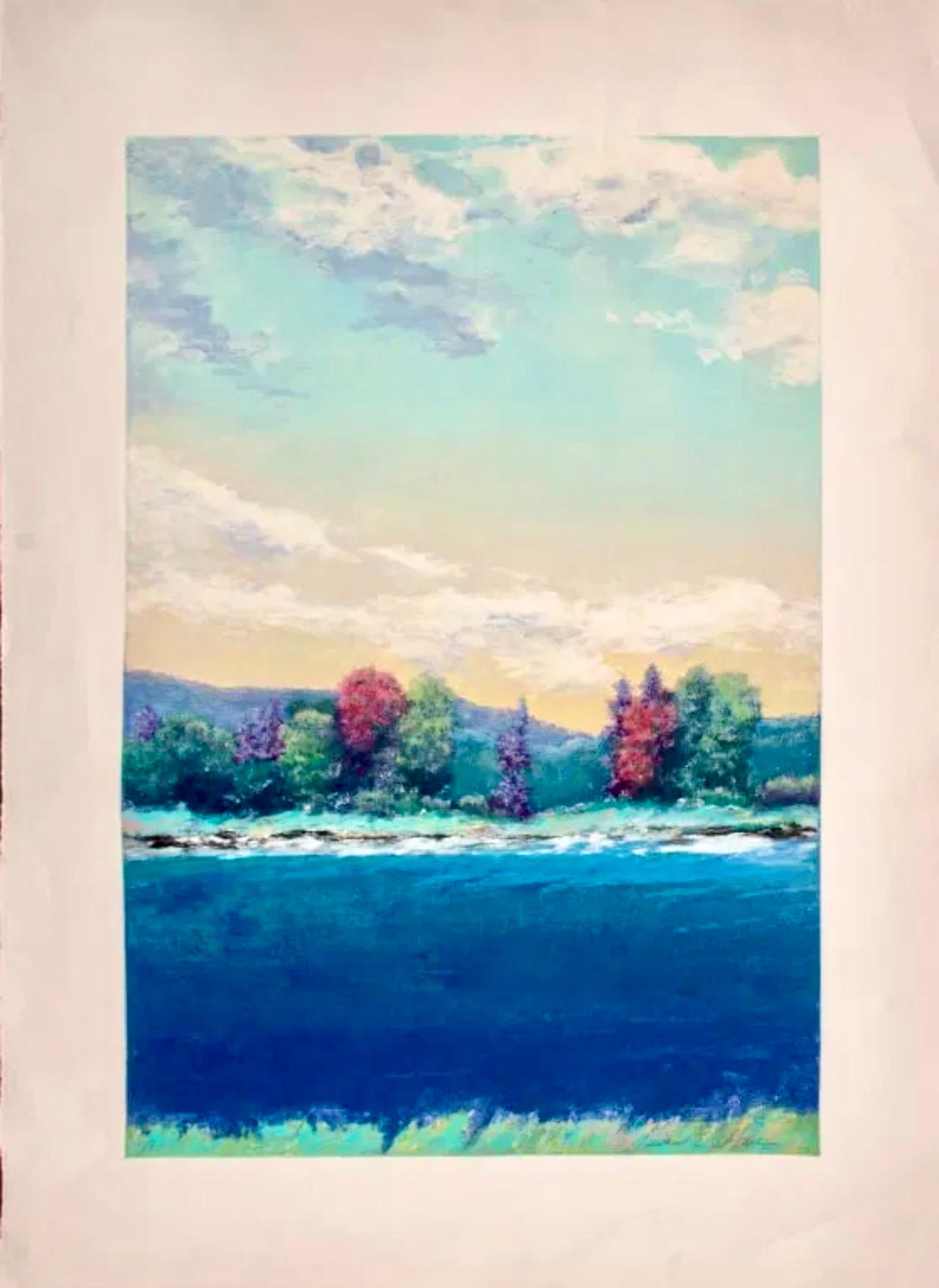 Monotipo grande Impresión monotipo Paisaje lacustre Susan Hall Mujer artista en venta 1