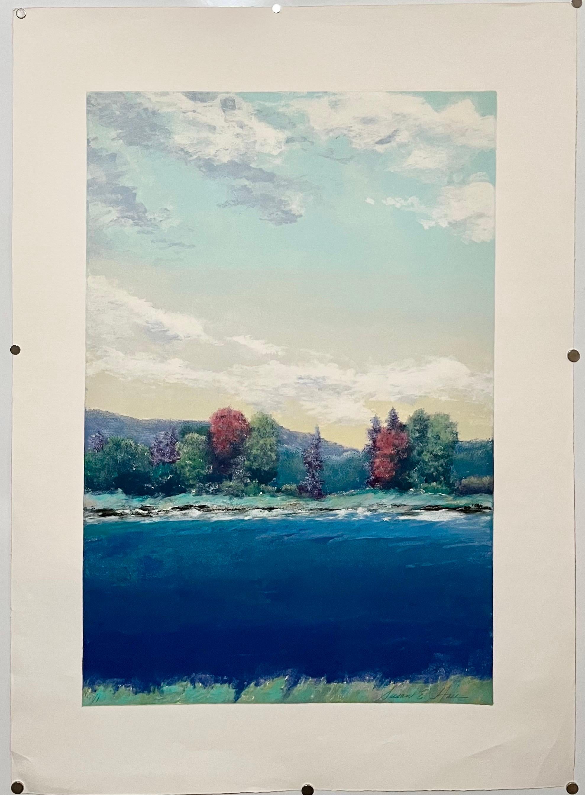 Monotipo grande Impresión monotipo Paisaje lacustre Susan Hall Mujer artista en venta 2