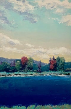 Grand monotype imprimé - Paysage scénique de lac - Susan Hall Woman Artist
