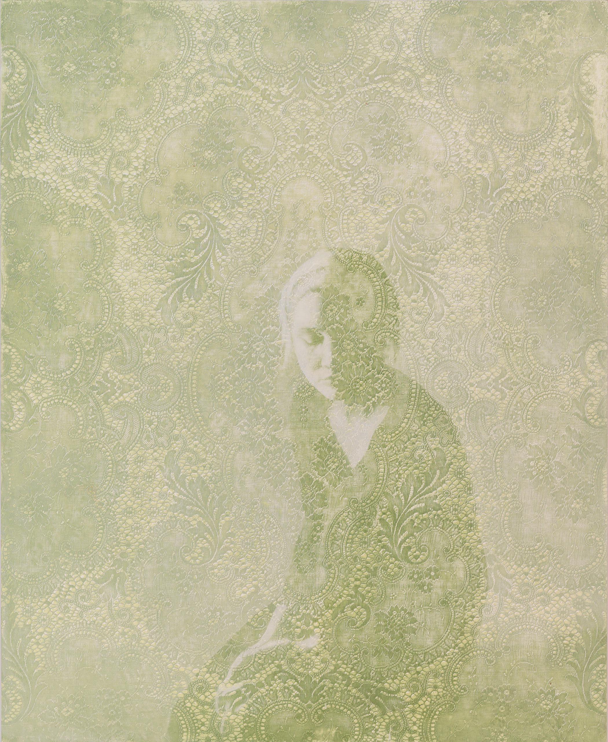 Susan Hall Figurative Painting - MEDITATION - light green painting of young woman with floral pattern