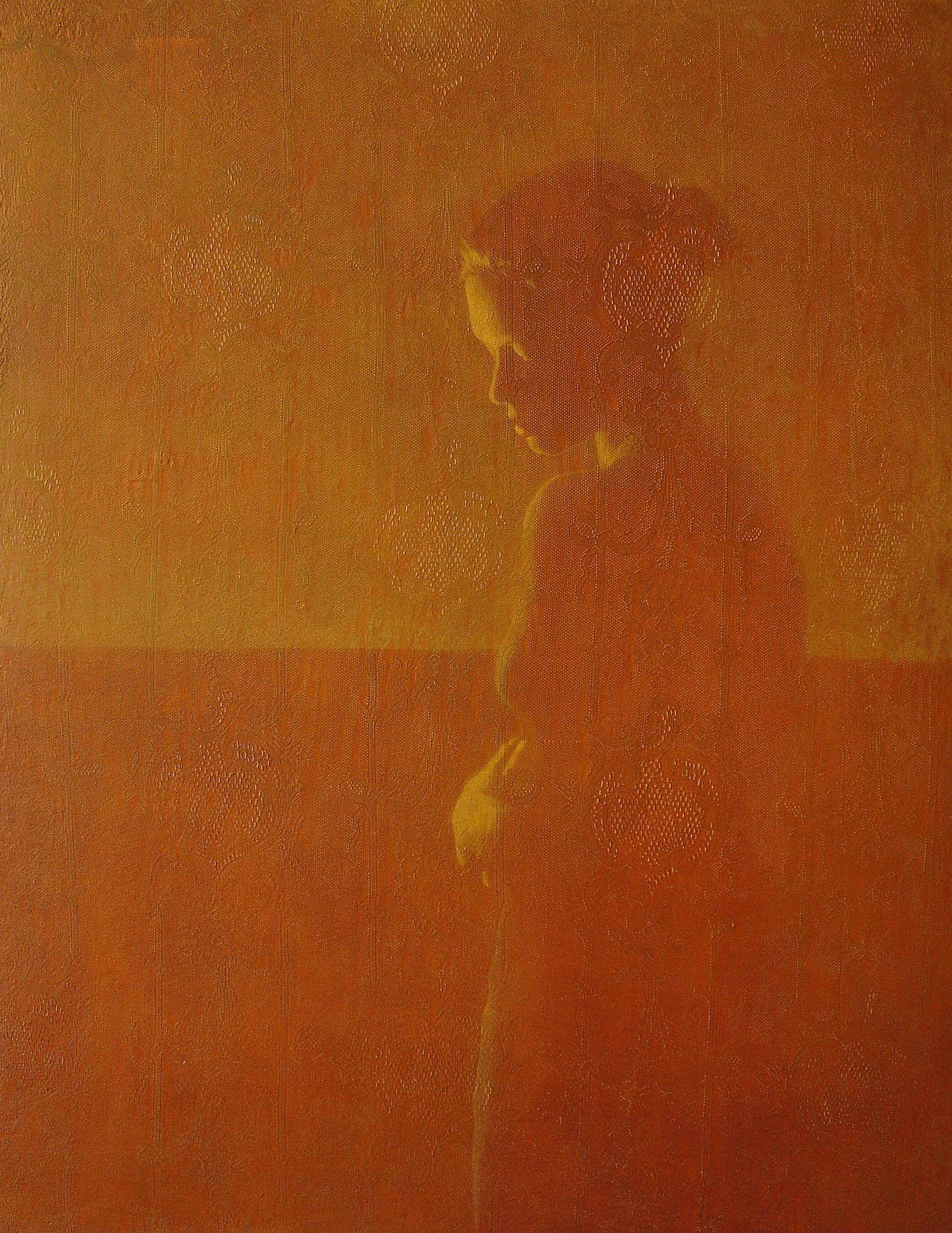 Susan Hall Figurative Painting - PASTORAL - contemplative dark orange painting of young woman or girl on pattern