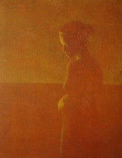 PASTORAL - contemplative dark orange painting of young woman or girl on pattern
