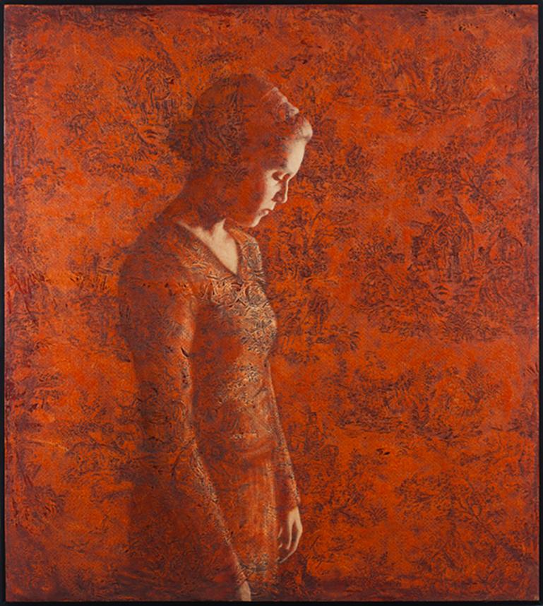 Susan Hall Figurative Painting - RECOLLECTION - contemplative red painting of young woman with floral pattern