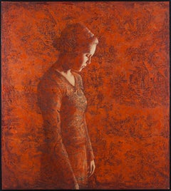 RECOLLECTION - contemplative red painting of young woman with floral pattern