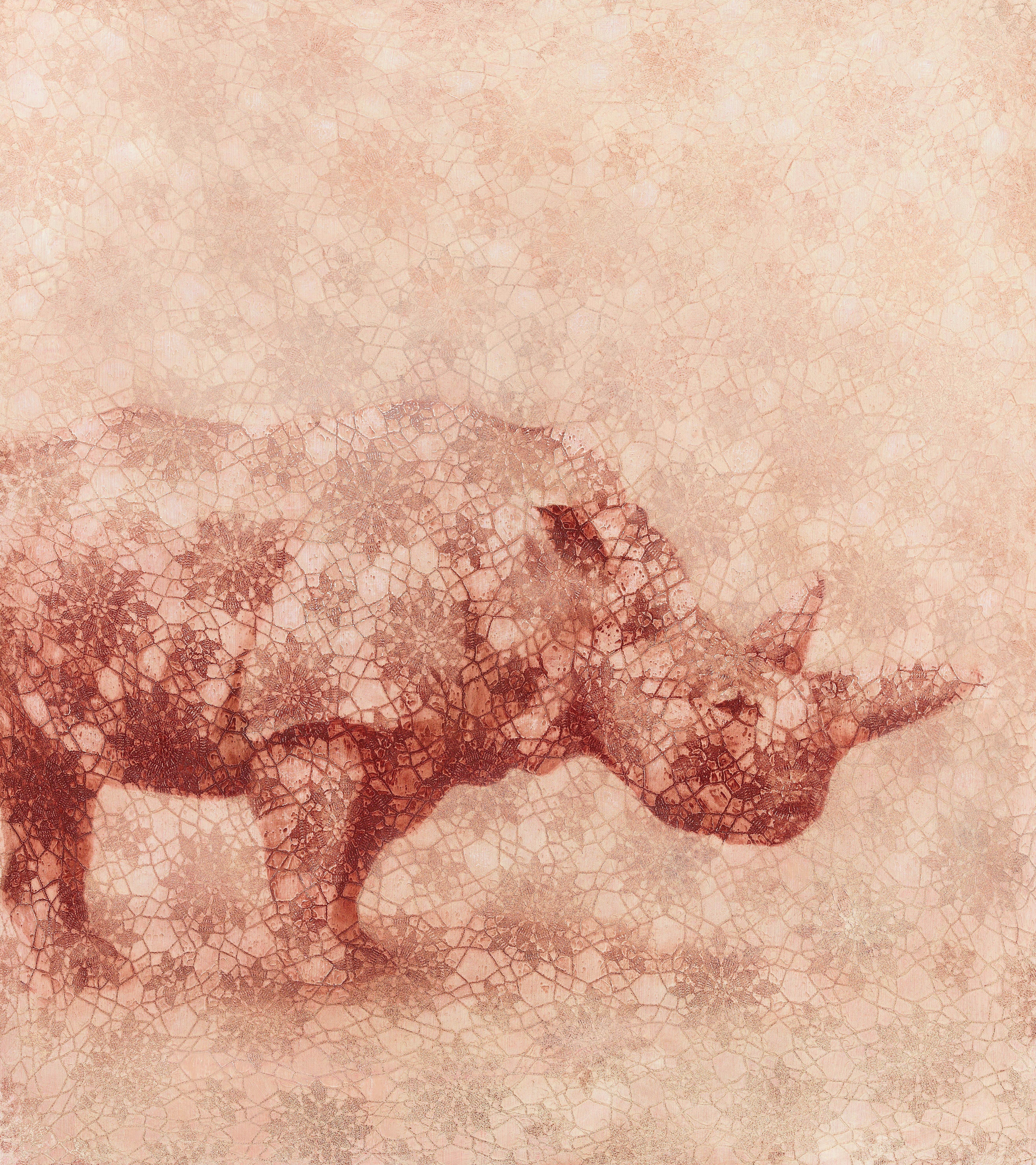 Susan Hall Animal Painting - SAVANNAH - rose nature painting of rhinoceros with geometric floral pattern