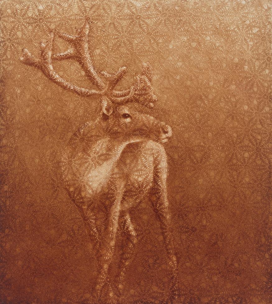 Susan Hall Animal Painting - SUMMIT - reddish brown nature painting of animal (caribou) over floral pattern