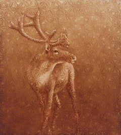 SUMMIT - peinture de nature brun rougeâtre représentant un animal (caribou) sur un motif floral