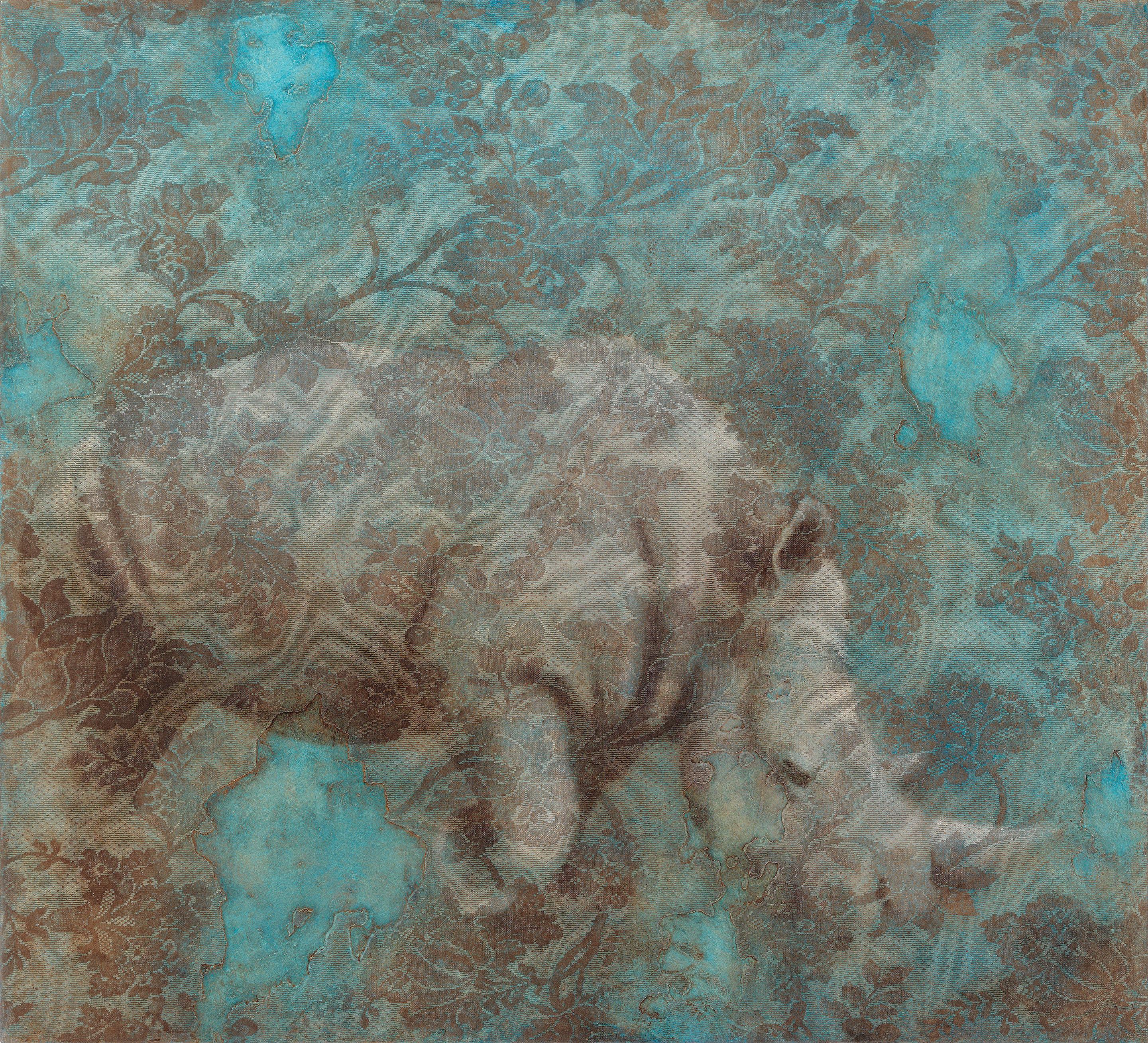 Susan Hall Animal Painting - TRANSFORMATION - light blue painting of animal (rhinoceros) with floral pattern