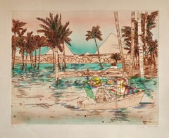 Mystic Cafe, Pyramids Signed Aquatint Etching California Woman Artist Susan Hall