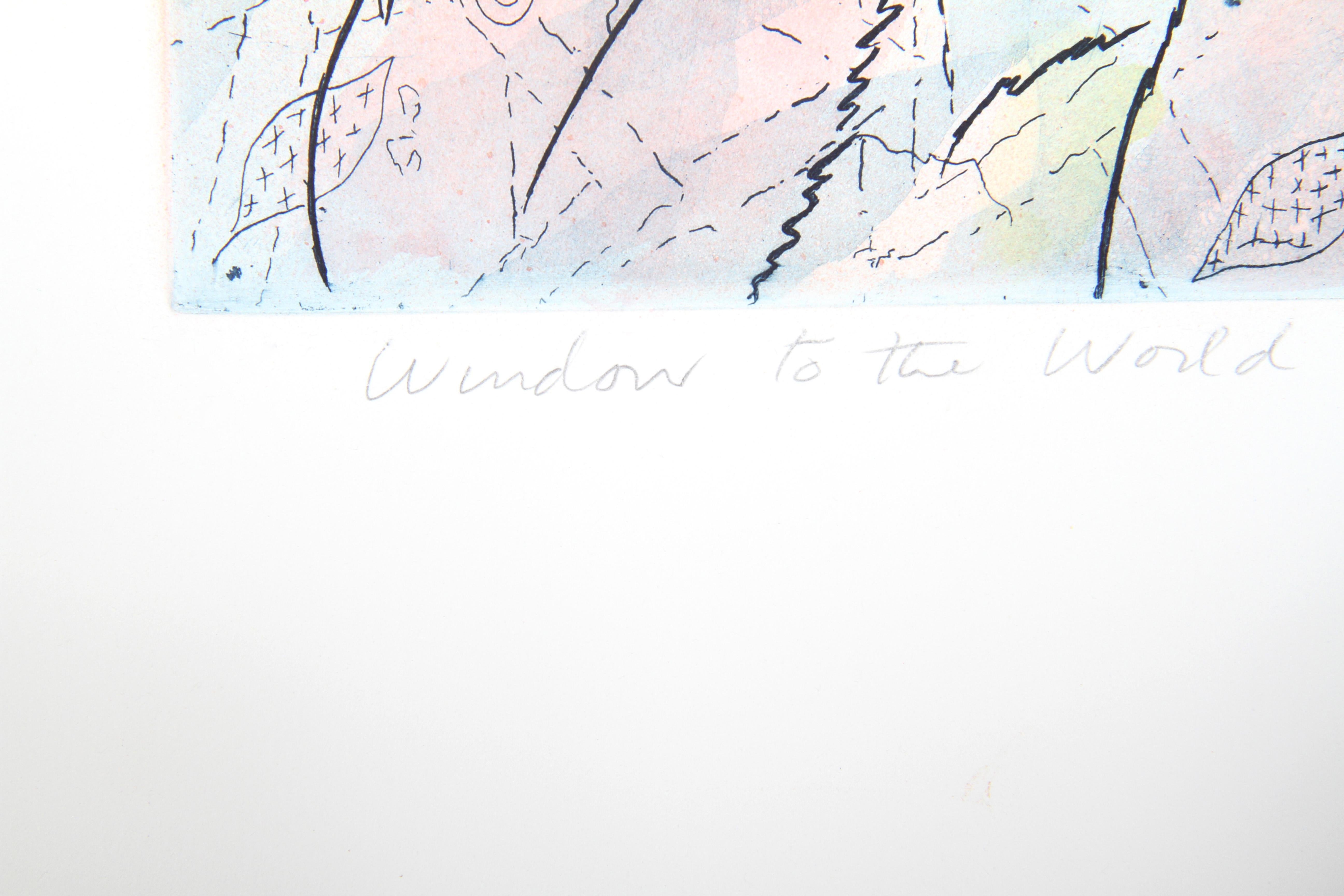 Ventana al mundo, aguafuerte surrealista de Susan Hall en venta 1