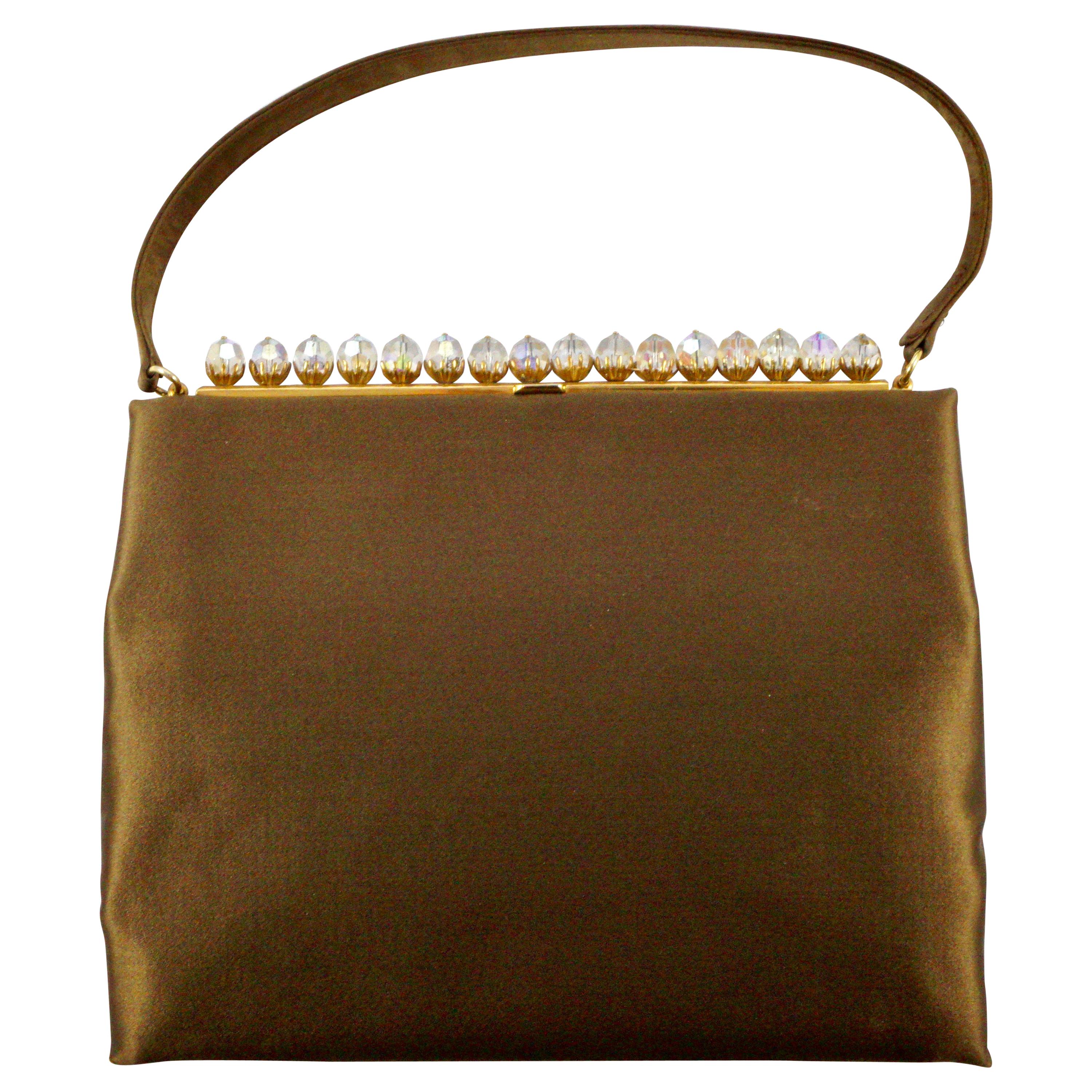 Susan Handbags London Bronze Satin Handbag with Aurora Borealis Beads 