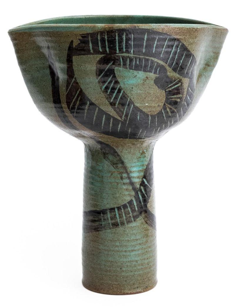 Susan Harnly Peterson (American, 1925-2009) Three Stoneware Vessels, two vases with bottlenecks, one tall footed vessel, each initialed to underside. Largest: 10