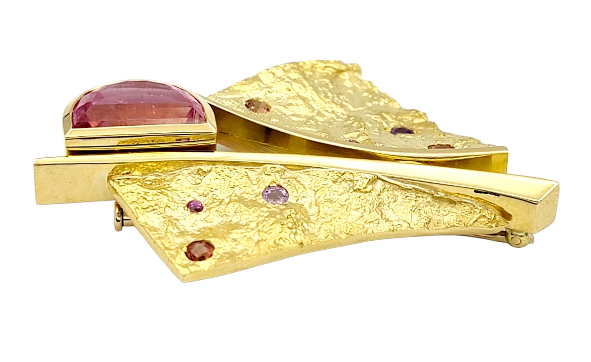 Contemporary Susan Helmich Pink Tourmaline and Multi-Color Sapphire Brooch in 18 Karat Gold For Sale